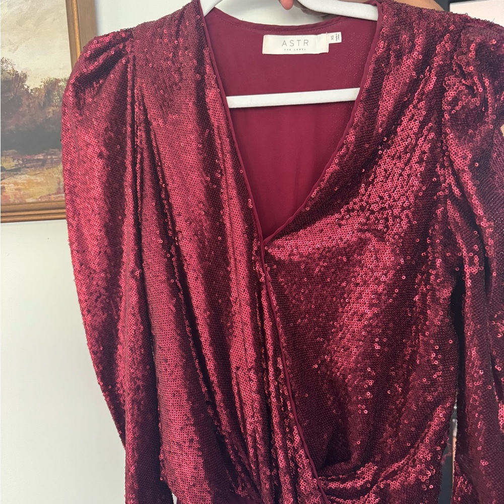 ASTR Sequin Wrap Dress in Burgundy